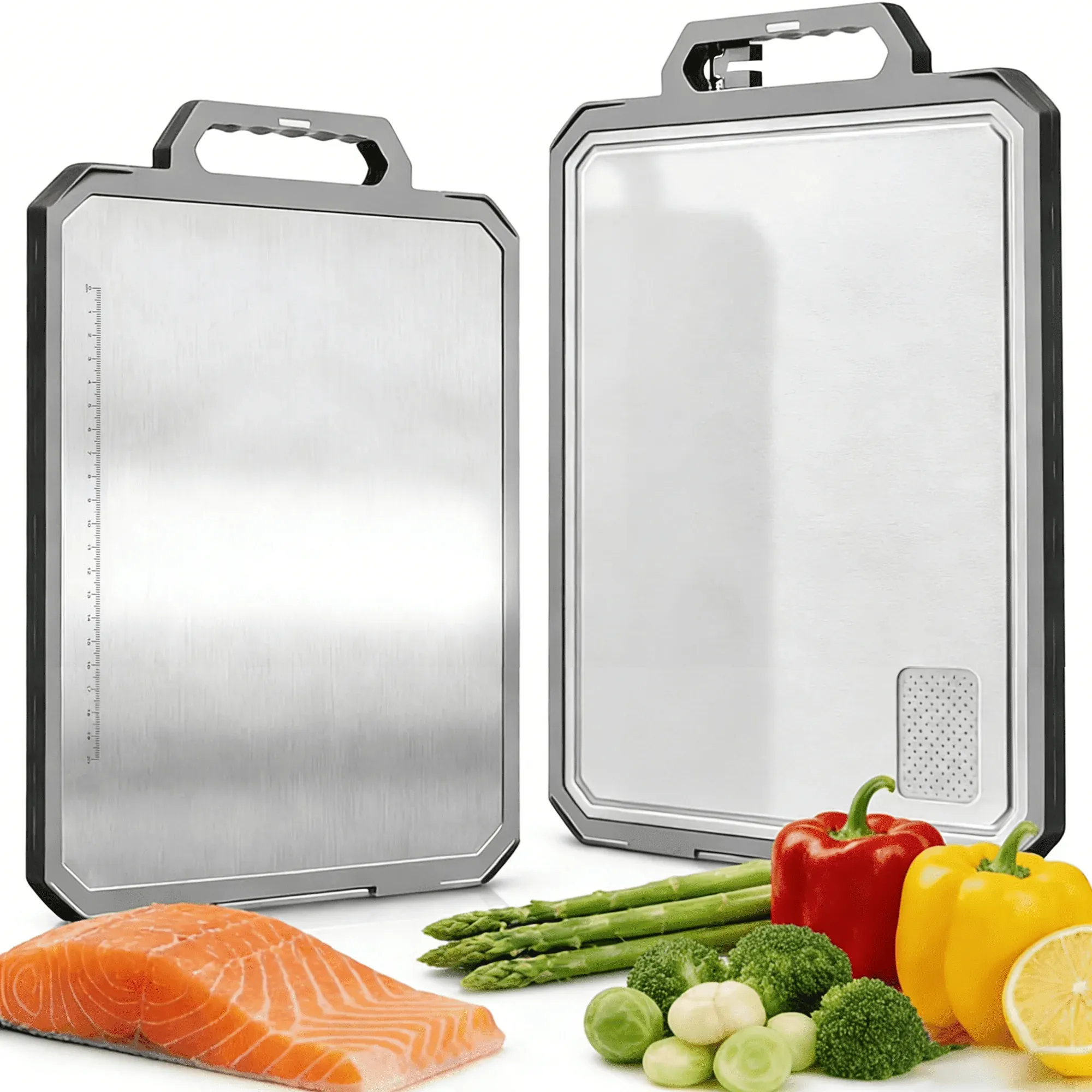 2 in 1 Stainless Steel Cutting Board for Kitchen, 16"x12" Double Sided, 304 Food-Grade for Meat + (2-Pack)